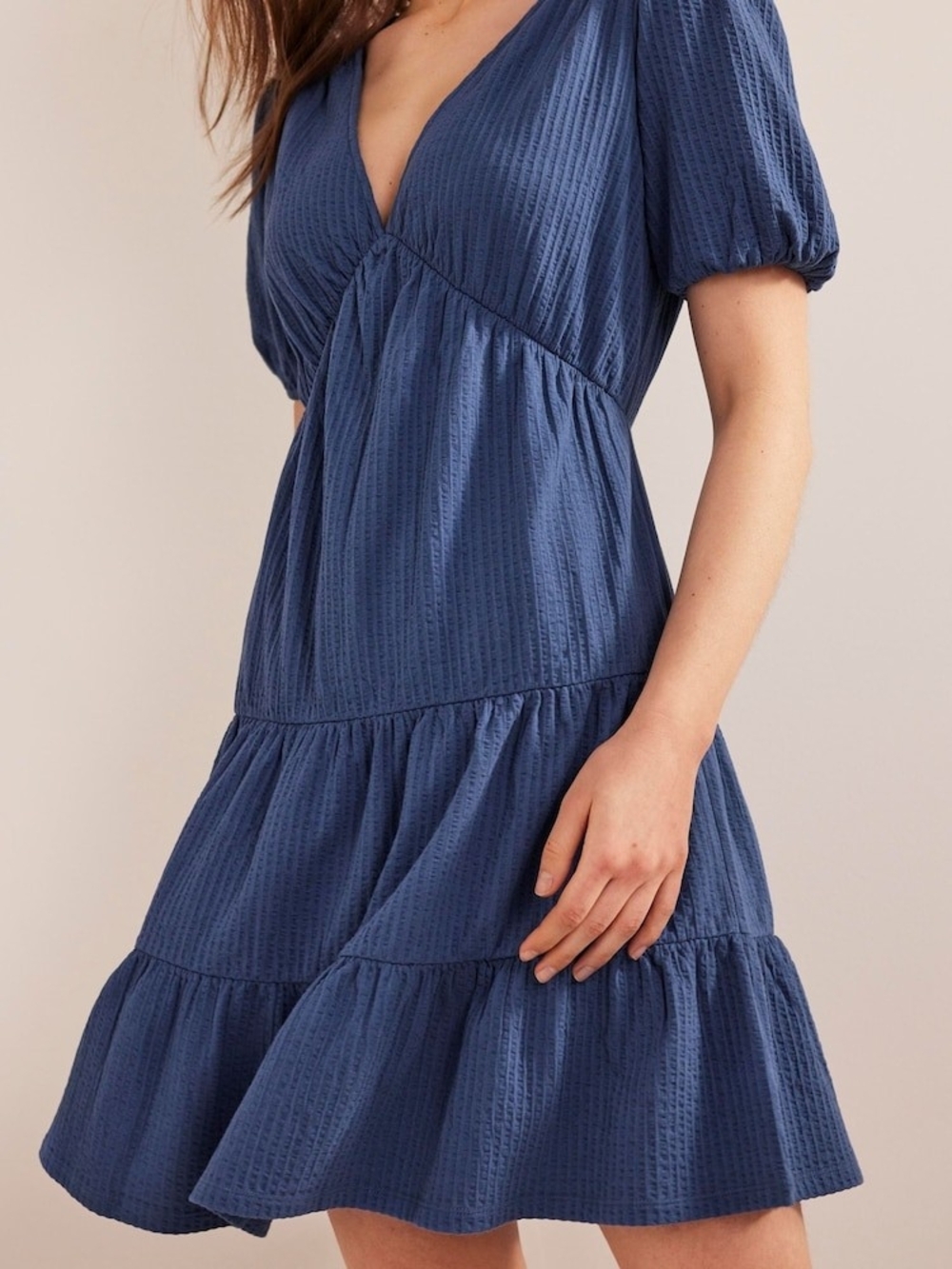 Boden Blue Textured Tiered V-Neck Dress Sz 10